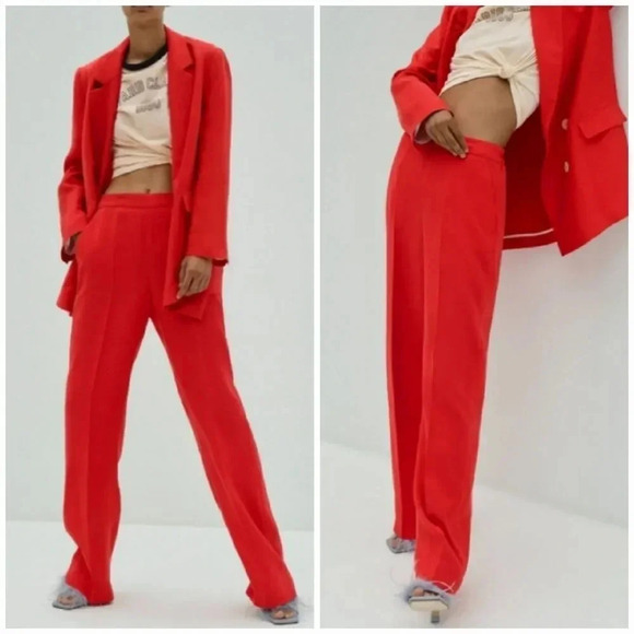 ZARA, New, Cherry Red Linen blend High Waist Trouser Pants, Size Medium - Picture 3 of 14